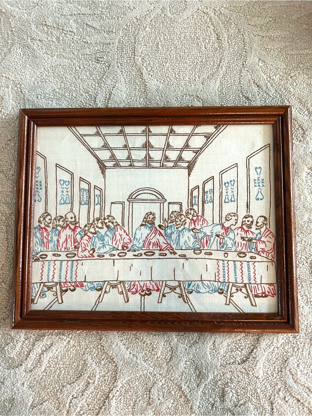 Vintage Framed Embroidered on Linen THE LAST SUPPER Art Wall Hanging 20" x 16"